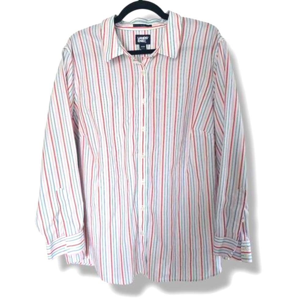 Lands' End Pinstripe Button Down Blouse Plus Size No Iron Cotton 20W